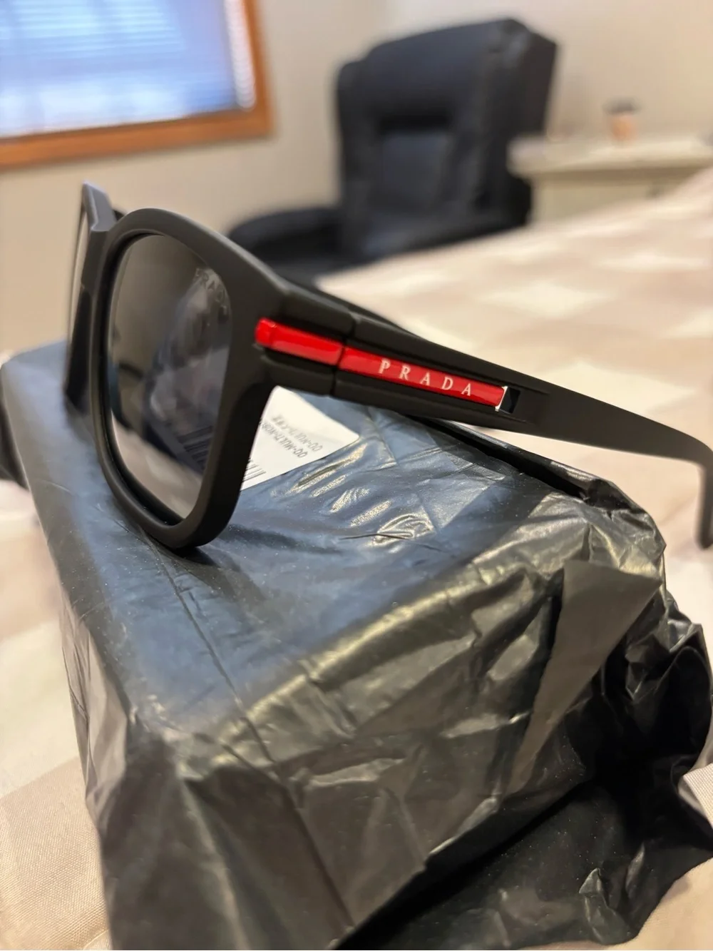 Prada Linea Rossa Black Rectangle Sunglasses Red Logo